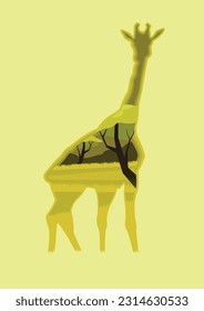 vector paper style landscape with giraffe