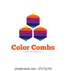 Vector paper style multicolor hexagon logo. Flat striped comb abstract symbol