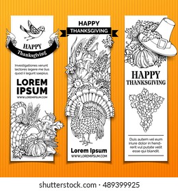 Vector paper Thanksgiving vertical banners set. Doodles pilgrim's hat, turkey, cornucopia, pumpkin, corn, wheat, sunflower, walnut, grape, apple, pear, cranberry, mushroom, bird, acorn, autumn leaves.