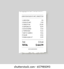 Papel vetorial rasgado recibo realista.