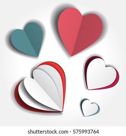 Vector paper valentine's day sticker set. Concept of love, origami made hearts. Hand-made art and DIY style. Creative idea for celebrating. Template for banner, poster, flyer, web-design, invitation