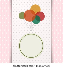 Vector paper white and pink greeting card with colorful balloons