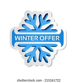 Vector paper winter offer symbol, blue sticker on the white background - Christmas sale label with snowflake 