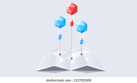 Vector Paper Worldmap With Abstract Paper Style Polygonal Baloons With Conceptual Wizard As Thumb Up Sign. Template For Social Media Design.