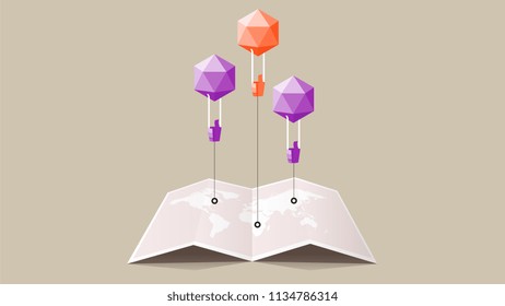 Vector Paper Worldmap With Abstract Paper Style Polygonal Baloons With Conceptual Wizard As Thumb Up Sign. Template For Social Media Design.