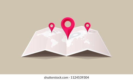 Vector Paper Worldmap With Colorful Pointers. Global Searching On The Worldmap. Conceptual Flat Vector Illustration.