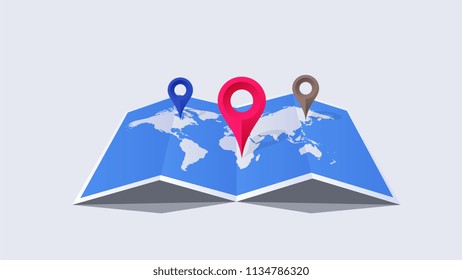 Vector Paper Worldmap With Colorful Pointers. Global Searching On The Worldmap. Conceptual Flat Vector Illustration.