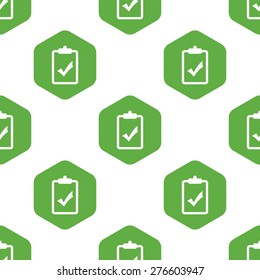 Vector paperclip with tick mark in hexagon, repeated on white background