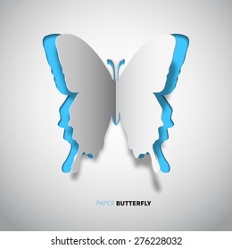 Vector papercut butterfly, blue or cyan color on white background, Greeting card