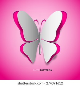 Vector papercut butterfly, magenta color on pink background, Greeting card