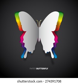 Vector papercut butterfly, rainbow color on dark background, Greeting card