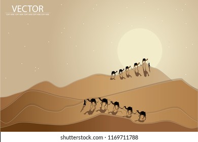 vector papercut camels walking in desert background