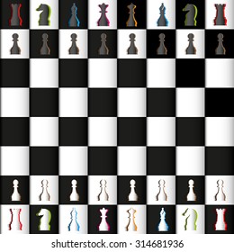 Vector Papercut Chess Figures on board, black and white. Illustration