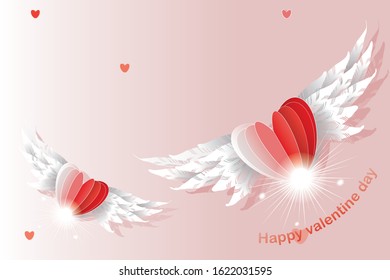 vector papercut heart shape and angel wing on pink background