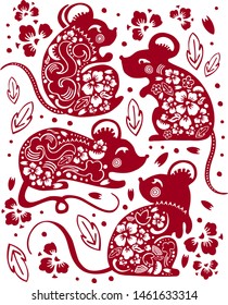 Vector papercut silhouette illustrations set with different animal characters and decorative flowers. Chinese New Year 2020. The Year of the Mouse or Rat. Red on white background