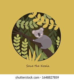 vector papercutting design of a koala in the forest on a green yellow background