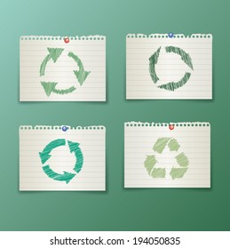 Vector papers with scribbled recycling symbols.