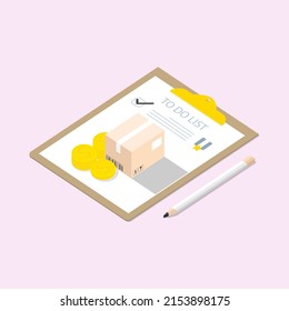 Vector paperwork design, Isometric to do list paperwork with paper box, coin, pencil, Digital marketing illustration.