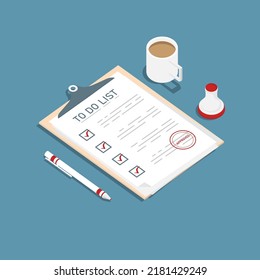 Vector paperwork design, Isometric to do list paperwork with pen, coffee and stamp, Digital marketing illustration.