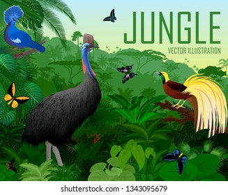 Vector Papua New Guinea jungle forest with  victoria crowned pigeon, cassowary, Lesser Bird of Paradise with birdwing butterflies