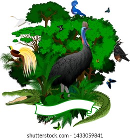 Vector  Papua New Guinea Jungle Emblem with crocodile, Fruit Bat, victoria crowned pigeon, cassowary, heron, Lesser Bird of Paradise iguana and  birdwing butterflies