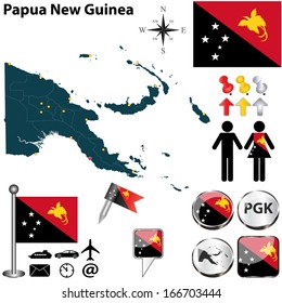 Vector of Papua New Guinea set with detailed country shape with region borders, flags and icons