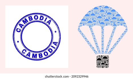 Vector parachute icon composition is designed with repeating self parachute pictograms. Cambodia textured blue round stamp seal. Recursive composition of parachute icon.