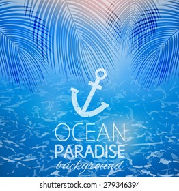 vector Paradise Ocean coast background with palm leaves