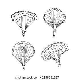 Vector Paraglider. Sketch illustration with hand drawn skydiver flying with a paraglider. Black line isolated on white. Extreme sports concept. Design for print, cover, poster and banner