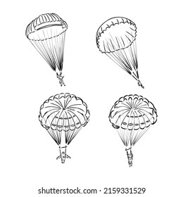 Vector Paraglider. Sketch illustration with hand drawn skydiver flying with a paraglider. Black line isolated on white. Extreme sports concept. Design for print, cover, poster and banner