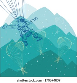 vector paragliding sportsmen in mountains, snow, 