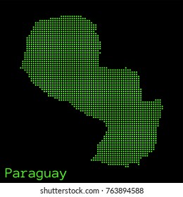 Vector Paraguay map dotted silhouette with green dots on a black background (as on old ancient computers running DOS)