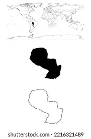 Vector Paraguay map, map of Paraguay showing country location on world with solid and outline maps for Paraguay on white background. File is suitable for digital editing and prints of all sizes.