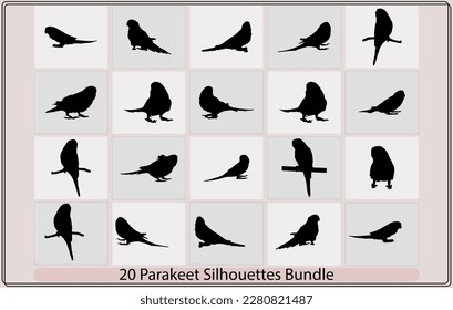 Vector of an parakeet Silhouette,Caturrita bird in profile view,Silhouette of a budgie,Vector parrot silhouettes of amazon jungle,