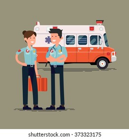 Vector paramedic characters standing in front of ambulance vehicle, flat design. Healthcare professionals