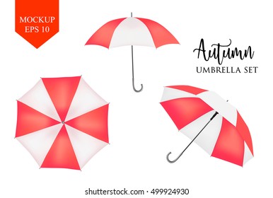 Vector parasol. rain umbrella. red Colored Striped Opened Round Sunshade Mock up set isolated. top ,front Side View. Object for advertisement, poster, banner, print design. Graphic element.