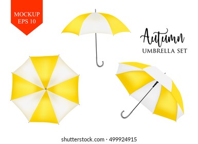 Vector parasol. rain umbrella.Yellow Colored Striped Opened Round Sunshade Mock up set isolated. top ,front Side View. Object for advertisement, poster, banner, print design. Graphic element.