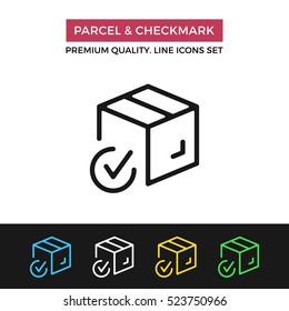 Vector parcel and checkmark icon. Parcel successfully delivered. Premium quality graphic design. Modern Signs, symbols, simple thin line icons set for websites, web design, mobile app, infographics