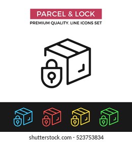 Vector parcel and lock icon. Protected delivery. Premium quality graphic design. Modern signs, outline symbols collection, simple thin line icons set for websites, web design, mobile app, infographics