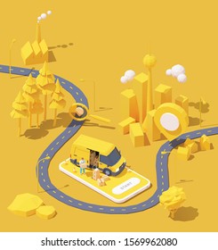 Vector parcel and mail delivery service and tracking app illustration, Smartphone with yellow delivery truck, delivery courier holding cardboard box, road from factory to home. Supply chain