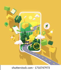 Vector parcel and mail delivery service and tracking app illustration, Smartphone with yellow delivery truck or van on the highway, road from factory to customer home. Supply chain