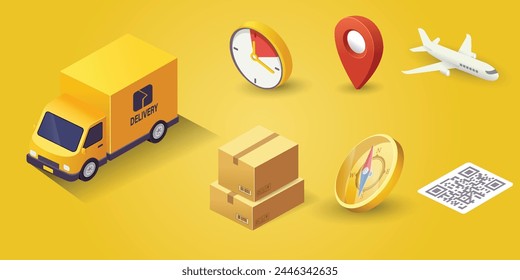 Ilustración del App de seguimiento de paquetes de Vector y servicio postal y smartphone con camión de entrega amarillo. Entrega urgente.