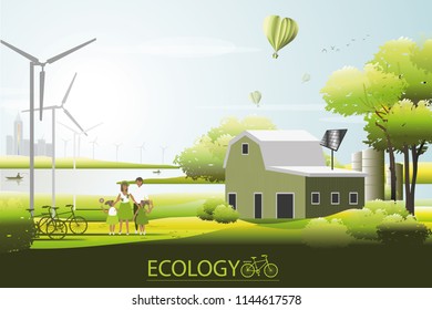 vector parent and child standing in front of green barn house on lake view background.eco concept.fisherman