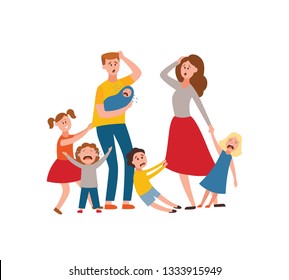 Vector parenthood problems of big family concept. Tired, exhausted father and mother with naughty and nasty children. Mom and dad trying to handle crying sons, daughters and newborn baby. Parenting