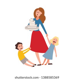 Vector parenthood problems of big family. Tired, exhausted mother with naughty and nasty children crying trying to handle kids and household chores. Mom holding dishes while son, daughter cries
