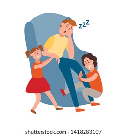 Vector parenthood problems of big family concept. Tired, exhausted father trying to sleep with naughty and nasty children crying. Dad trying to handle crying son and playful daughter
