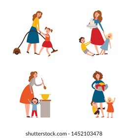 Vector parenthood problems of big family. Tired, exhausted mother with naughty and nasty children crying trying to handle kids and household chores. Mom holding dirty laundry, cooking, washing dishes