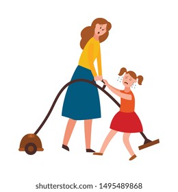 Vector parenthood problems of big family. Tired, exhausted mother with naughty and nasty children crying trying to handle kids and household chores. Mom cleaning carpet with vacuum cleaner