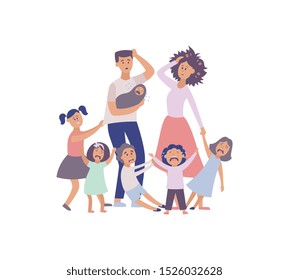 Vector Parenthood Problems Of Big Family Concept. Tired, Exhausted Father And Mother With Naughty And Nasty Children. Mom And Dad Trying To Handle Crying Sons, Daughters And Newborn Baby. Parenting