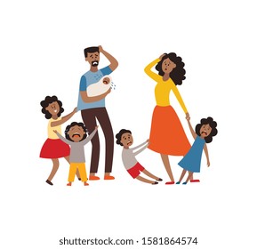 Vector Parenthood Problems Of Big Family Concept. Tired, Exhausted African Father And Mother With Naughty And Nasty Children. Mom And Dad Trying To Handle Crying Sons, Daughters And Newborn Baby.